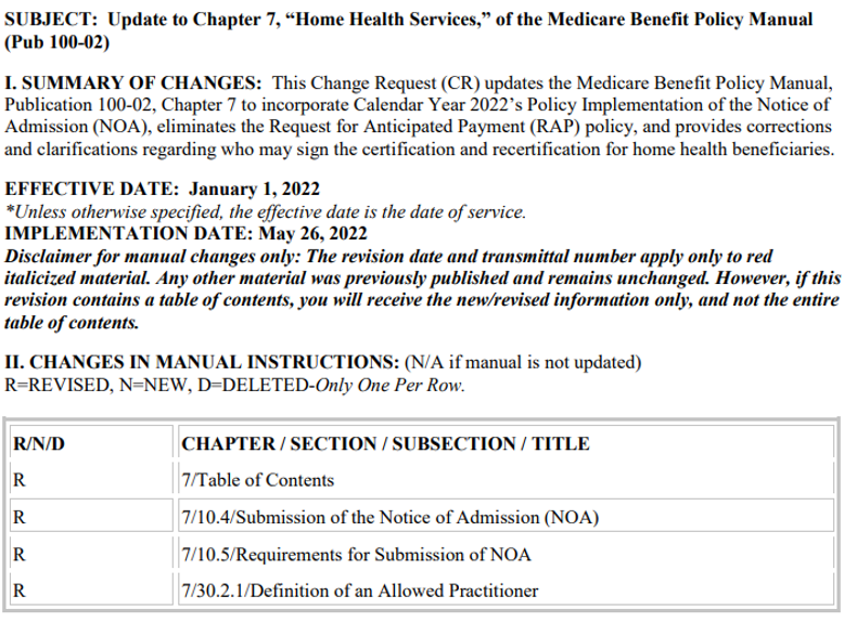 Update to Chapter 7 – Home Health Services – Medicare Benefit Policy