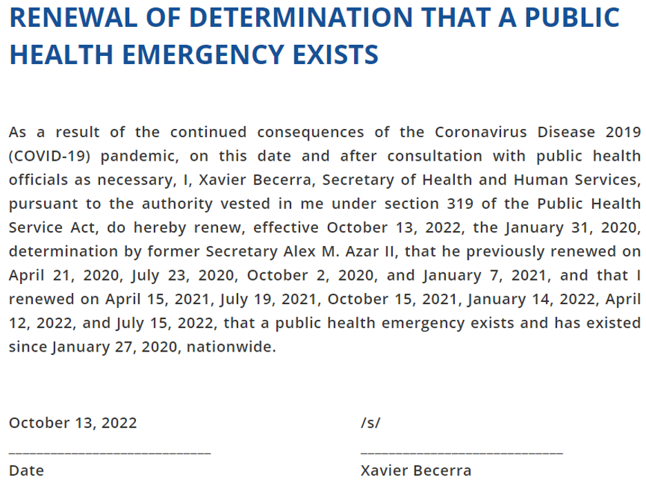 COVID19 PHE Declaration Extended